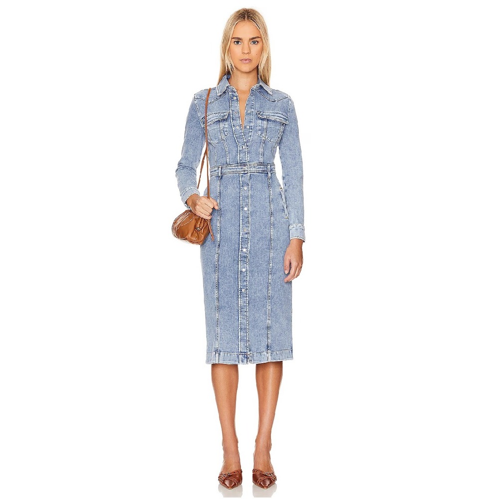 7 For All Mankind XS Italian Fabric Denim Midi Snap Dress Morning Sky